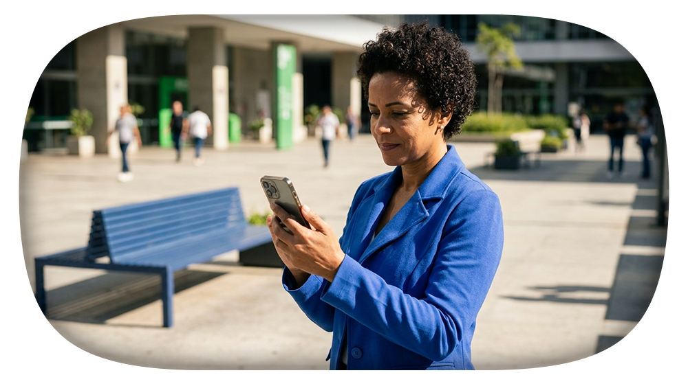 Mulher negra de blusa azul, em fundo urbano, olhando para celular para conferir RG pelo CPF
