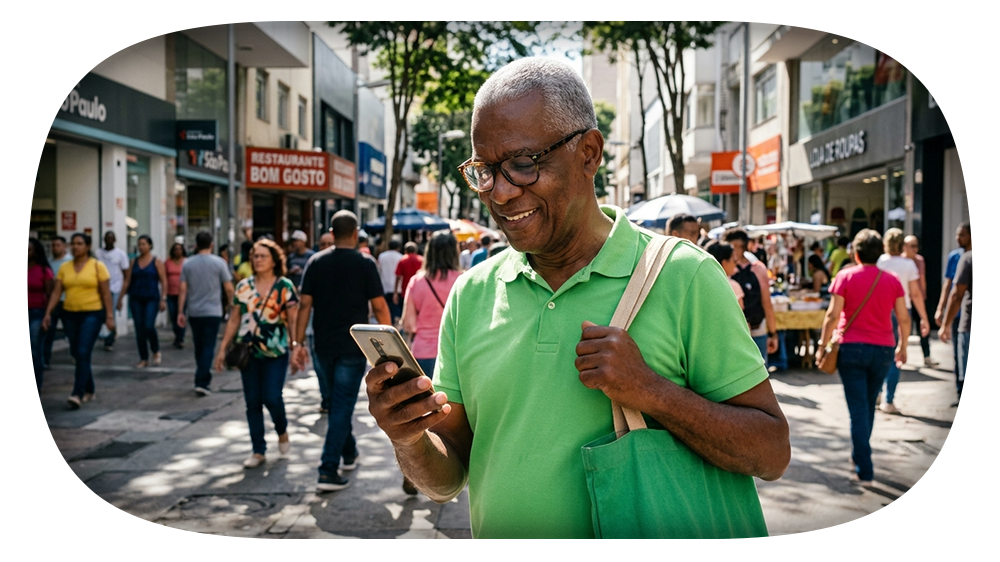 Homem negro segurando uma sacola no ombro e sorrindo ao olhar para celular, em ambiente urbano