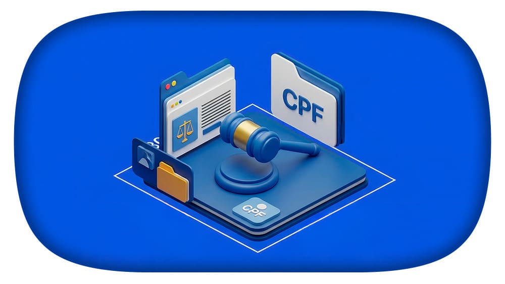 Imagem ilustrativa de CPF, documentos e martelo de julgamento, representando como consultar processo trabalhista pelo CPF.