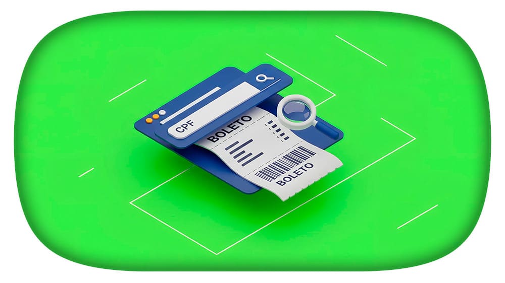 Imagem de um boleto de pagamento com código de barras, uma lupa, e um tablet eletrônico, representando pagamento digital ou pagamento de contas.