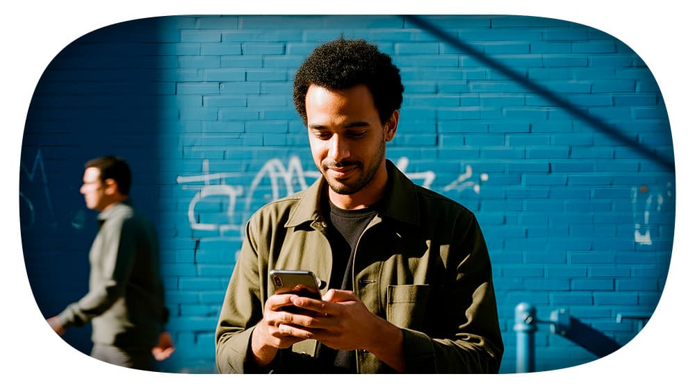 Homem usando celular em rua com parede azul e uma pessoa ao fundo, cenário urbano moderno, tecnologia e conexão digital.