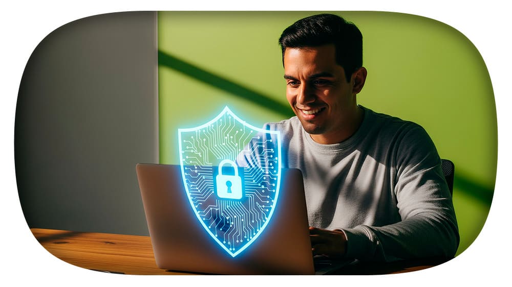 Homem sorridente usando computador portátil com símbolo de segurança digital e proteção online.