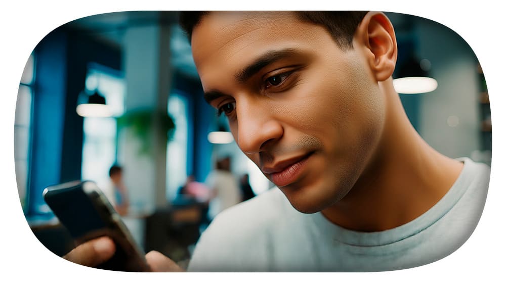 Jovem homem usando smartphone em ambiente moderno verificando se uma empresa é confiável.