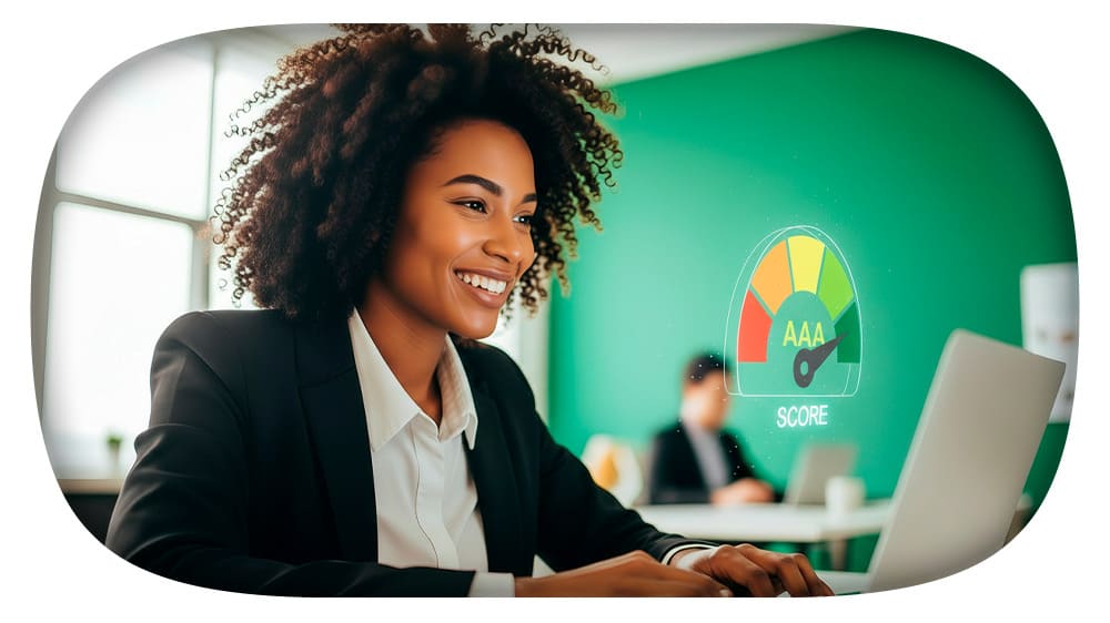 Mulher empresária sorridente analisando o desempenho de um rating bancário, em ambiente de escritório moderno.