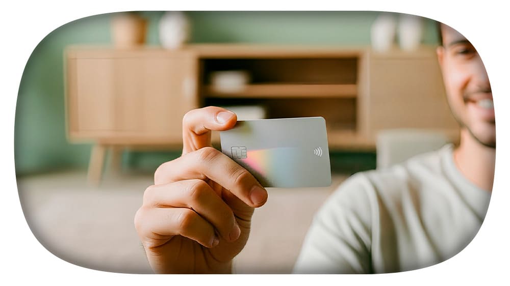 Homem sorridente segurando um cartão de crédito na mão, com cômodo confortável ao fundo.