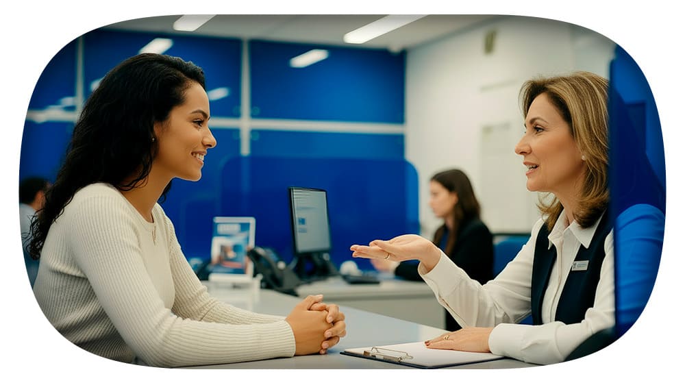 Imagem de duas mulheres em uma consulta de seguro prestamista em um escritório moderno, com tecnologia e ambiente profissional.