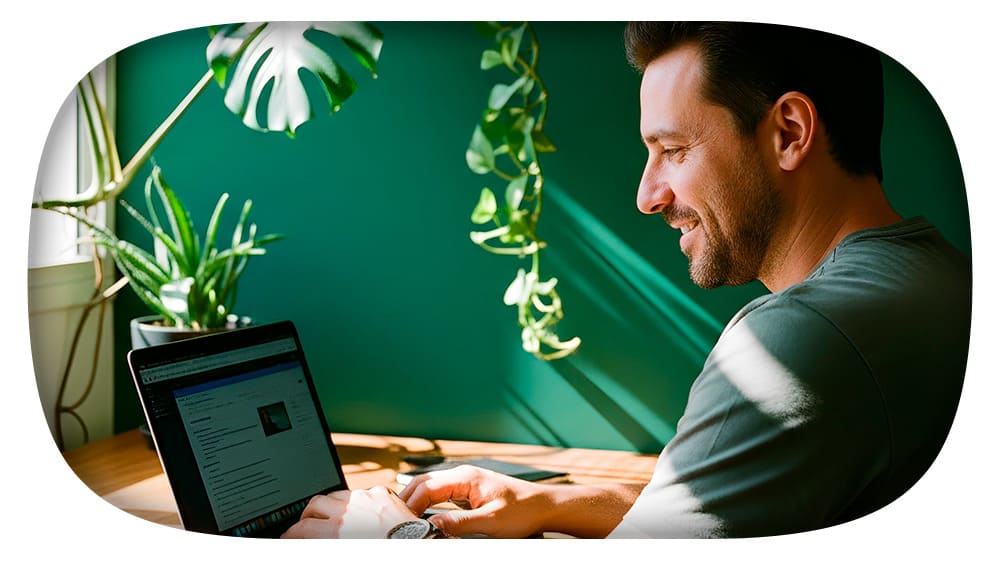Homem sorridente consultando um laptop em ambiente bem iluminado com plantas verdes ao fundo.