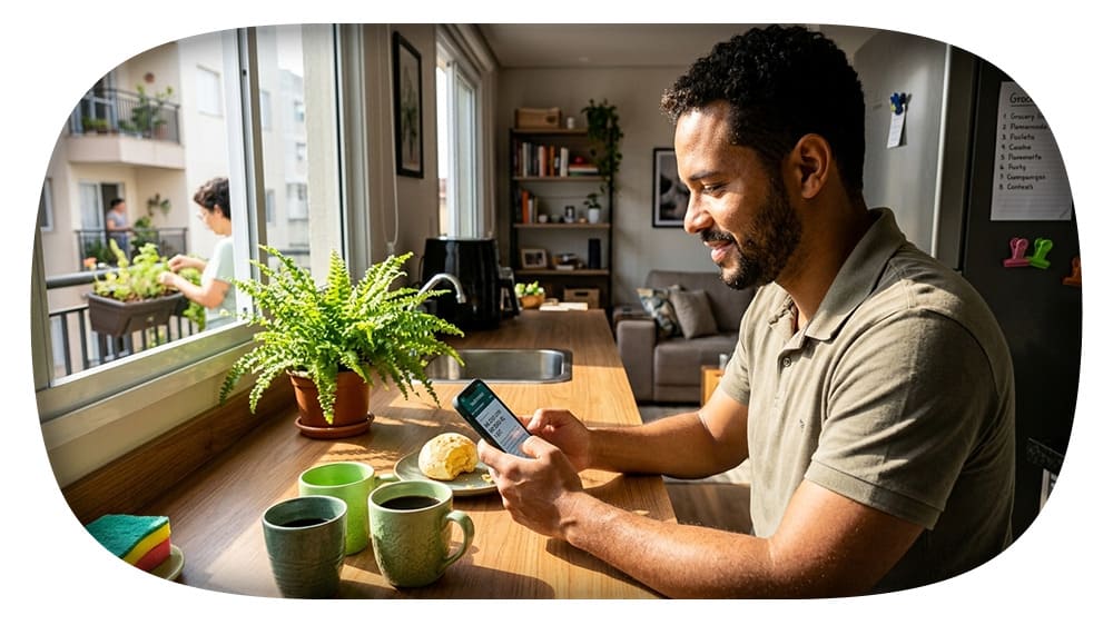 Homem usando smartphone na cozinha com flores, comida e xícaras em destaque, ambiente acolhedor e bem iluminado.