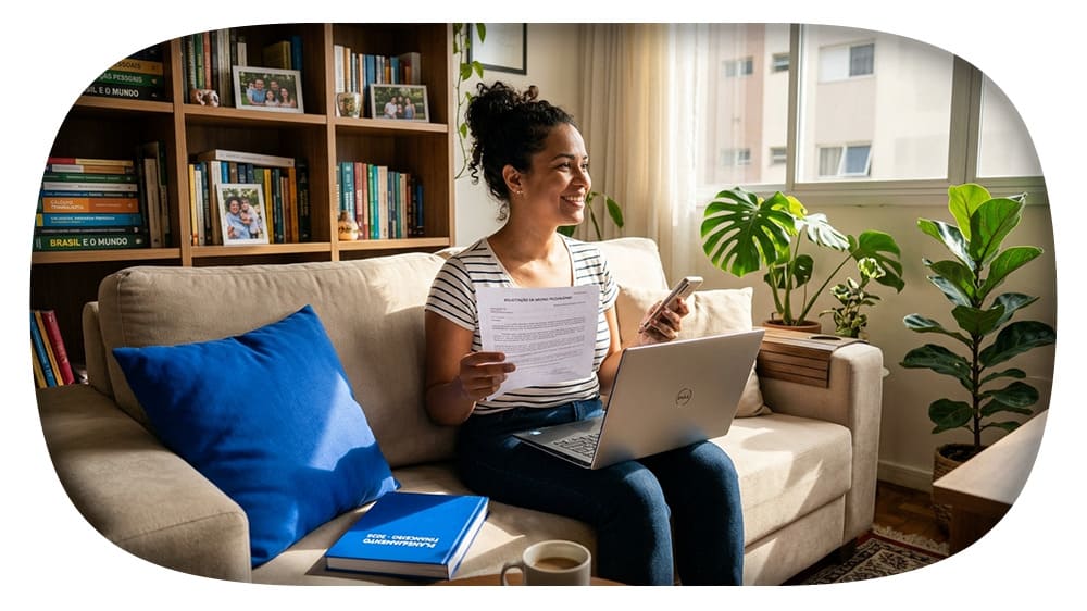 Mulher sorridente usando laptop e celular em casa, cercada por livros e plantas, estudando ou trabalhando de forma confortável e produtiva.