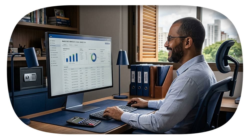 Homem trabalhando em escritório, analisando dados financeiros em um computador com planilhas e gráficos, com ambiente de trabalho organizado e luminoso.