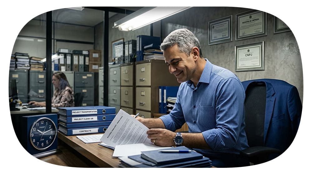 Homem de negócios sorridente revisando documentos no escritório, cercado por pastas, certificados nas paredes e equipamentos de escritório.