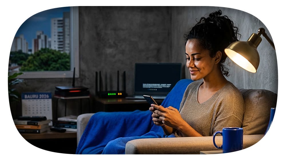 Mulher sorridente usando smartphone em casa, ambiente acolhedor com iluminação suave, computador e decoração moderna ao fundo.