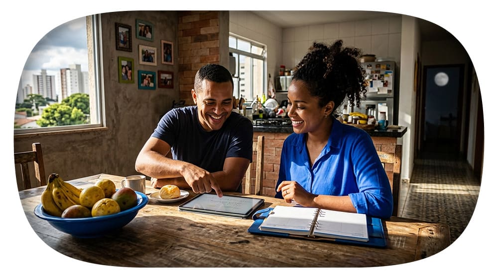 Casal feliz usando tablet e livros na cozinha de uma casa bem iluminada, com frutas na mesa, vivendo momentos de lazer e estudo juntos.