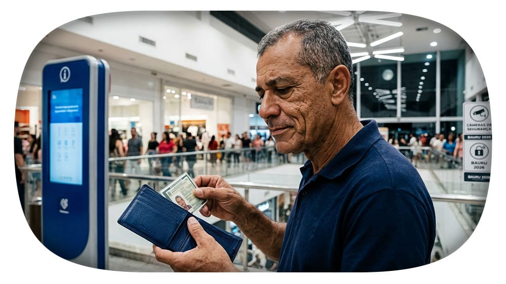 Homem em um aeroporto verificando passaporte e documento de identidade, cercado por pessoas em um ambiente moderno e bem iluminado.