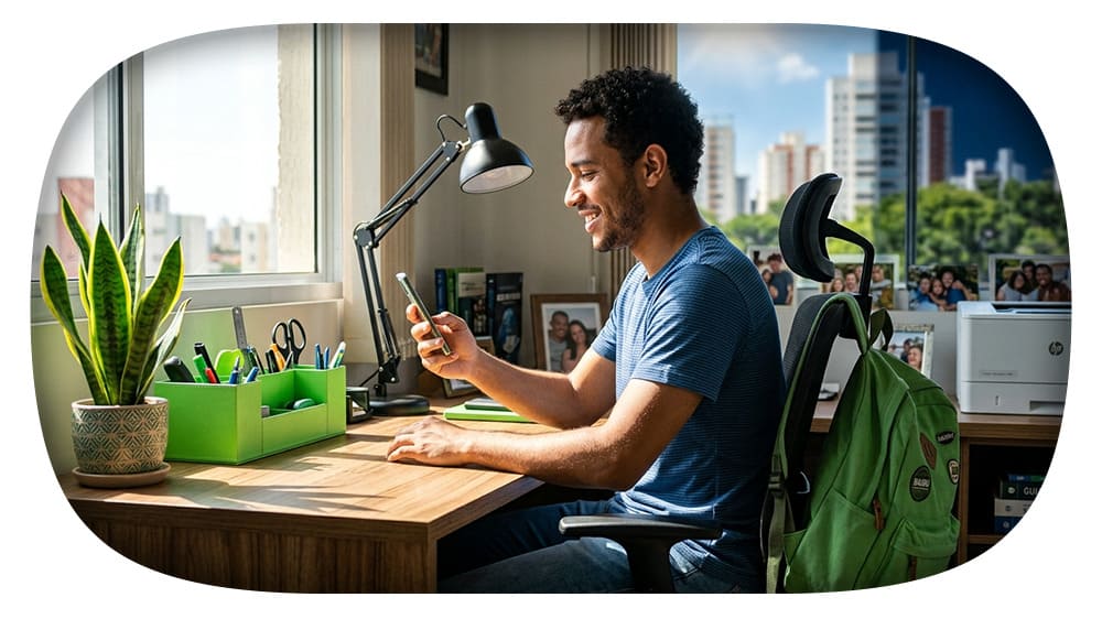 Homem sorridente usando celular para tirar segunda via do CPF em um escritório bem iluminado com plantas, objetos de escritório e vista para a cidade ao fundo.