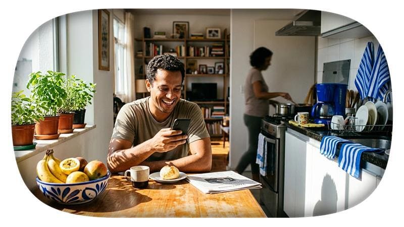 Homem sorridente usando smartphone na cozinha de uma casa moderna, com frutas, livros e uma mulher preparando comida ao fundo em uma manhã ensolarada.