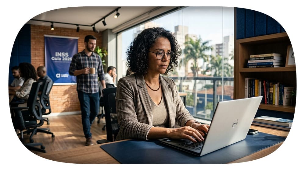 Mulher profissional usando laptop em escritório moderno com equipe ao fundo, destaque para ambiente de trabalho focado e produtivo.