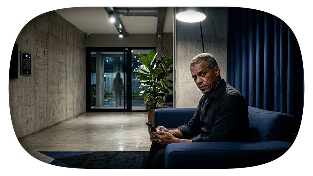 Homem sentado em um sofá na recepção de um hotel ou escritório moderno, olhando para o celular, com decoração minimalista, iluminação suave e plantas decorativas ao fundo.