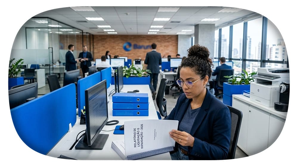 Equipe de funcionários em ambiente de escritório moderno, com uma mulher lendo um documento em primeiro plano e outros colegas trabalhando ao fundo.