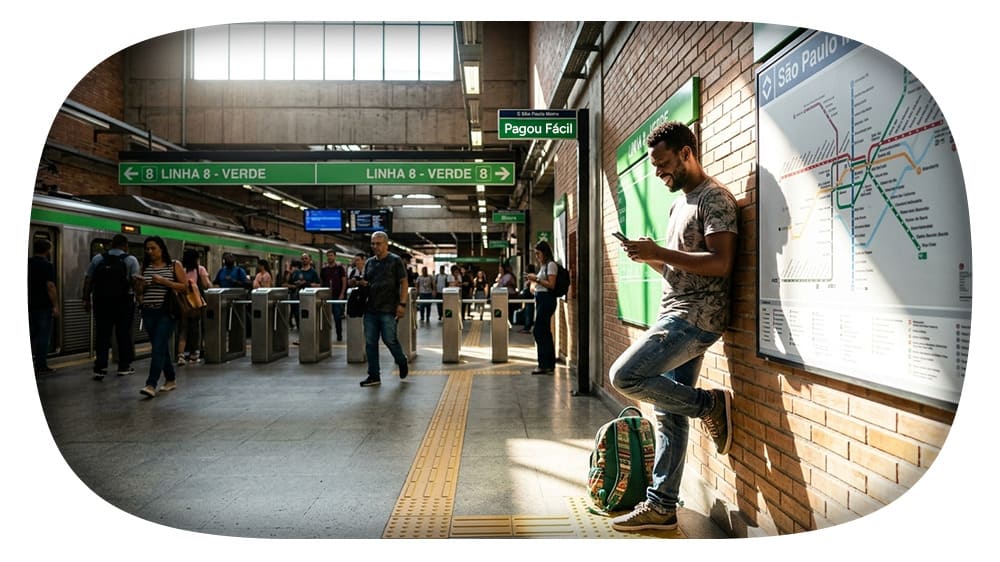 Pessoa usando celular enquanto espera no metrô na estação, com bilheteria e mapas de linhas do transporte público ao fundo.