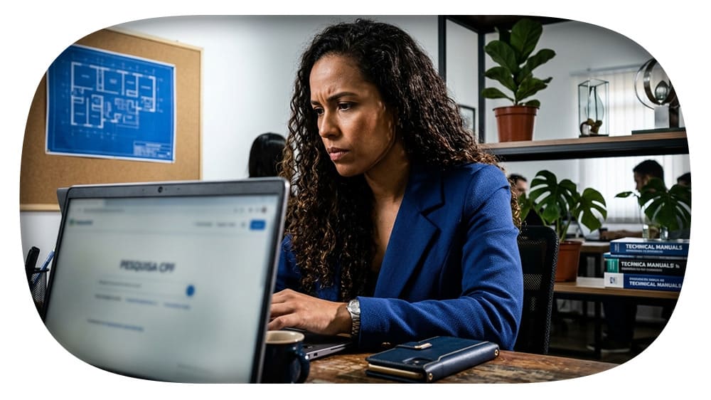 Mulher de cabelos cacheados e expressivo facial olhando atentamente para a tela do computador, em escritório bem iluminado com plantas e livros de manuais técnicos ao fundo.