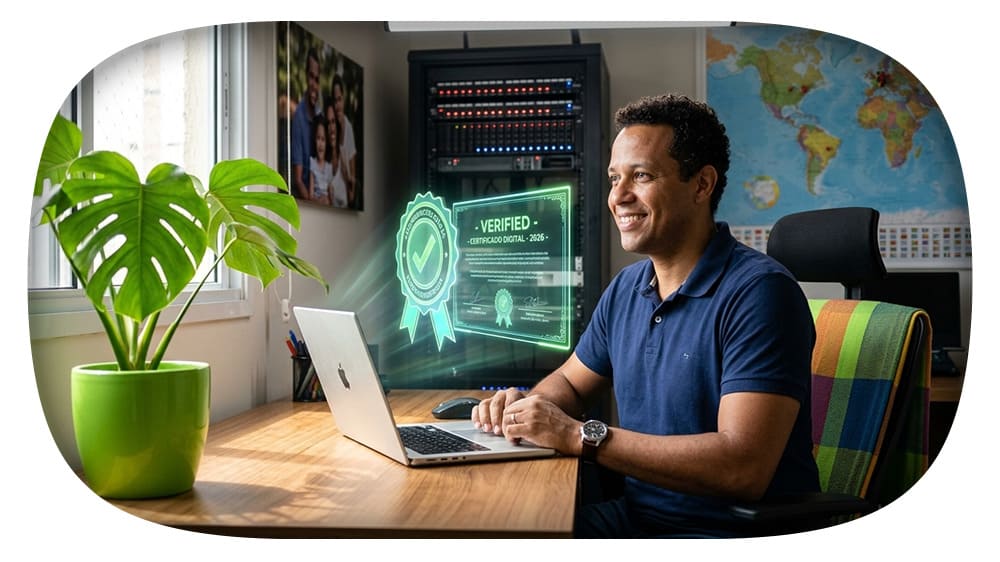 Homem feliz usando computador no escritório com certificado digital.