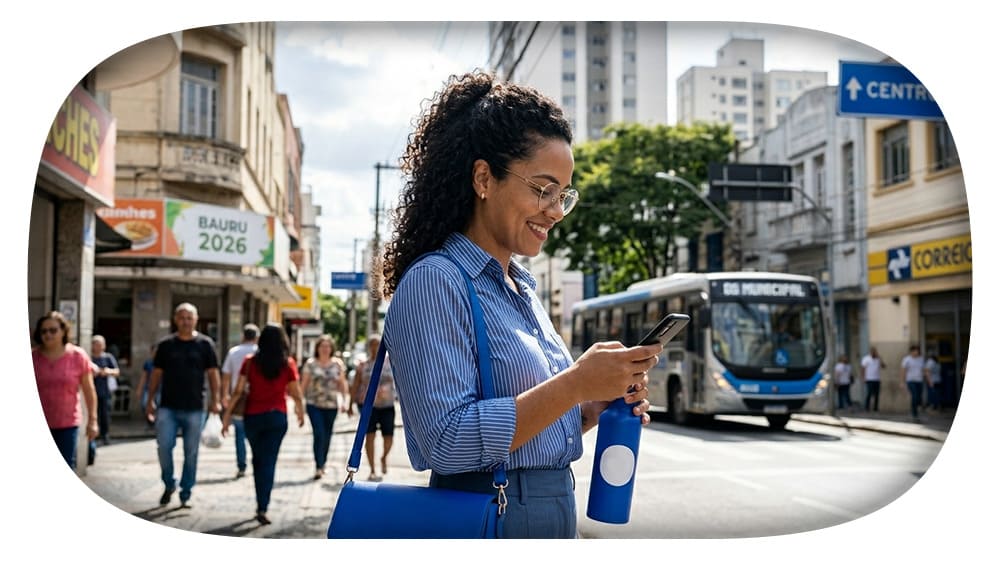Mulher caminhando em rua comercial, sorrindo e usando smartphone, com mochila e garrafa de café ao lado. Ao fundo há ônibus e pessoas, com placas de cidades e comércios em cenário urbano.