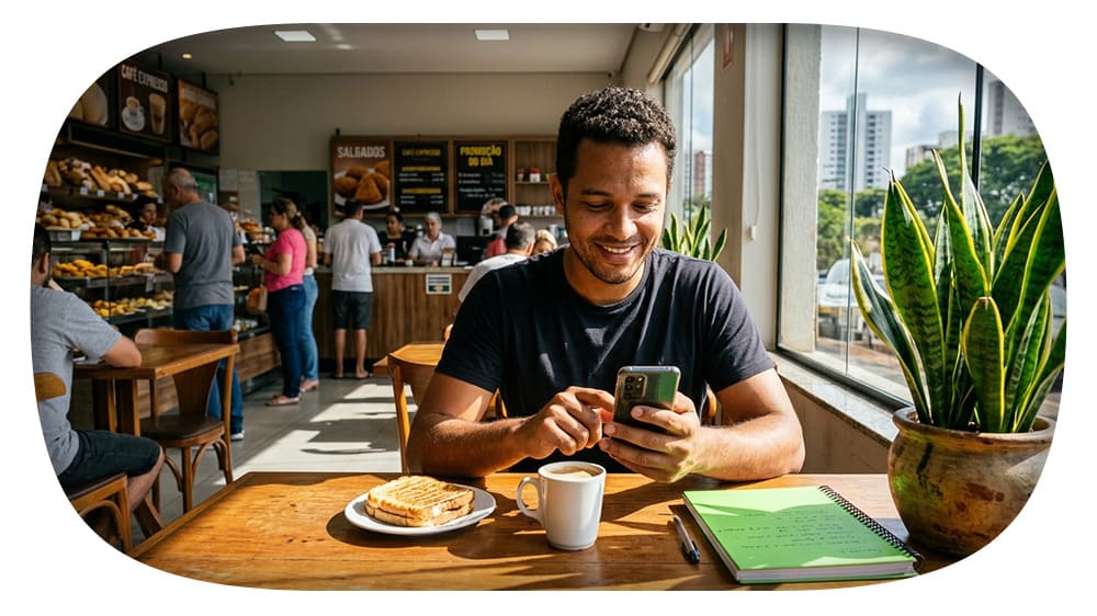 Homem sorrindo usando o celular em uma cafeteria, com café e sanduíche sobre a mesa, plantas ao lado da janela e pessoas ao fundo no balcão