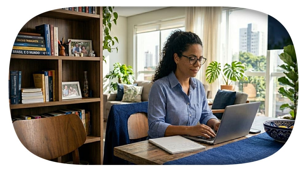 Mulher trabalhando em casa com notebook em uma sala iluminada, com plantas decorativas, estante de livros ao fundo e janela com vista urbana, ambiente de home office