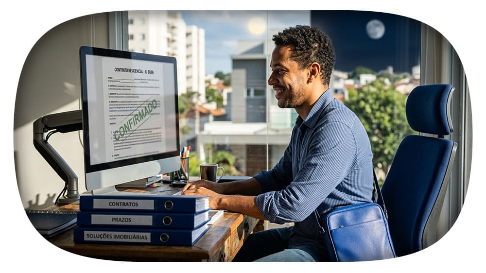 Homem no escritório em frente a um computador, sorrindo durante uma videoconferência ou reunião, com documento de contrato na tela e pastas com etiquetas “Contratos” e “Prazos” sobre a mesa.
