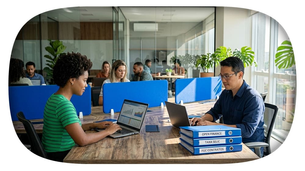 Mulher negra e homem asiático trabalham em notebooks lado a lado em uma mesa de escritório moderna. Sobre a mesa, há uma pilha de pastas azuis com as etiquetas "Open Finance", "Taxa Selic" e "FGC Contratos". Ao fundo, outras pessoas trabalham em um ambiente iluminado e com plantas.