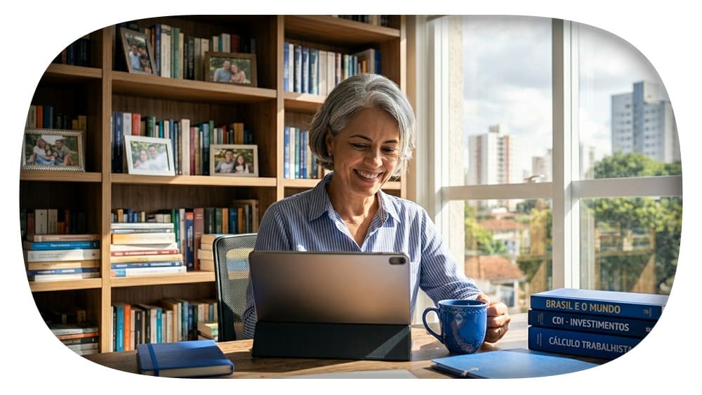 Mulher idosa sorrindo em casa ou escritório, usando tablet em mesa com caneca e livros ao fundo, com vista de janela para prédios e área verde, sugerindo estudo e planejamento.
