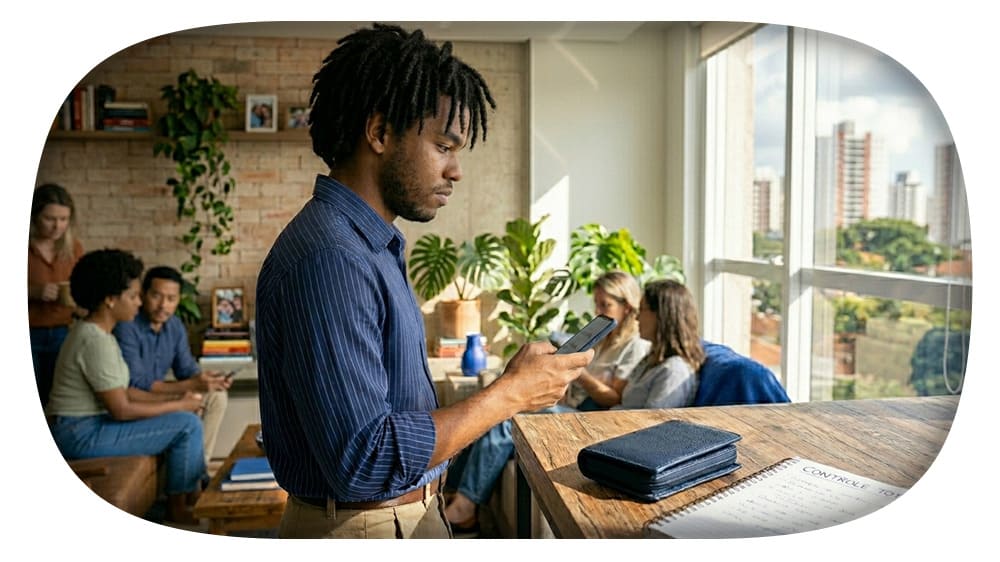 Homem em primeiro plano usando smartphone em uma sala de escritório moderna e colaborativa, com plantas e outras pessoas trabalhando ao fundo, perto de uma mesa com caderno e documentos.