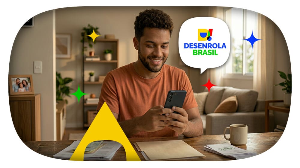 Homem sorridente em casa usando o celular em uma mesa, com materiais de estudo e um balão com o logo “Desenrola Brasil” indicando atendimento ou programa. Ambiente doméstico com sala iluminada.