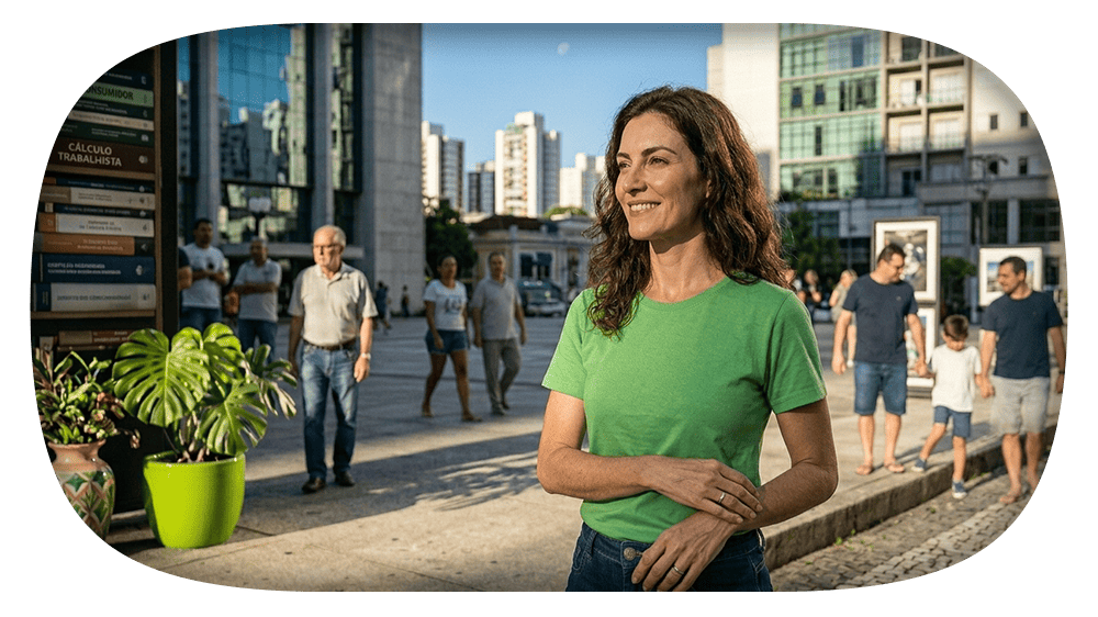 Mulher sorrindo em uma rua comercial com prédios altos ao fundo, usando camiseta verde, enquanto pessoas caminham na calçada em uma cidade grande ao sol.