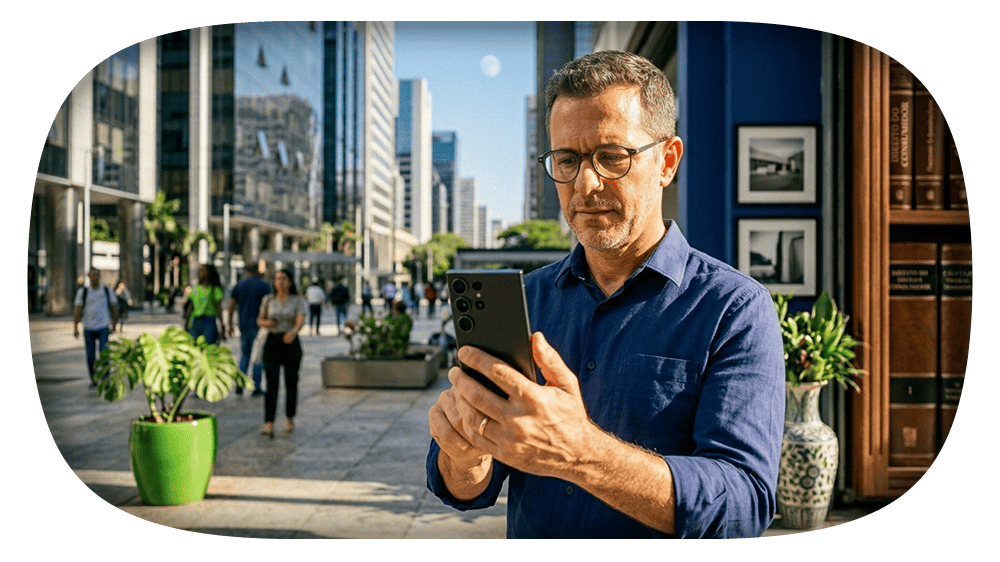 Homem com óculos em frente a um prédio comercial em área urbana, segurando um celular na mão enquanto faz uma chamada ou registro, com plantas e livros ao fundo.