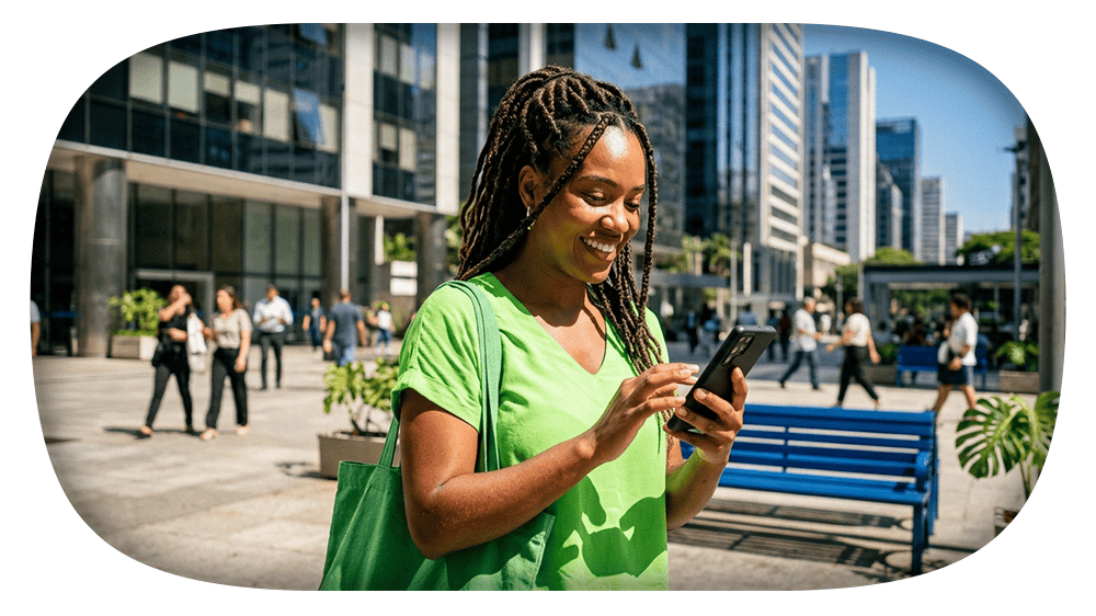 Mulher sorridente em ambiente corporativo urbano, usando camiseta verde e segurando um celular enquanto caminha entre bancos e prédios de escritórios em uma cidade com arranha-céus ao fundo.