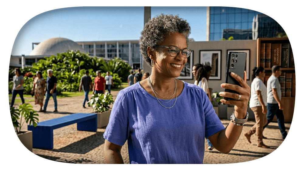 Mulher sorridente com cabelo curto cacheado e óculos faz selfie com celular em ambiente externo corporativo, com pessoas ao fundo e plantas no jardim