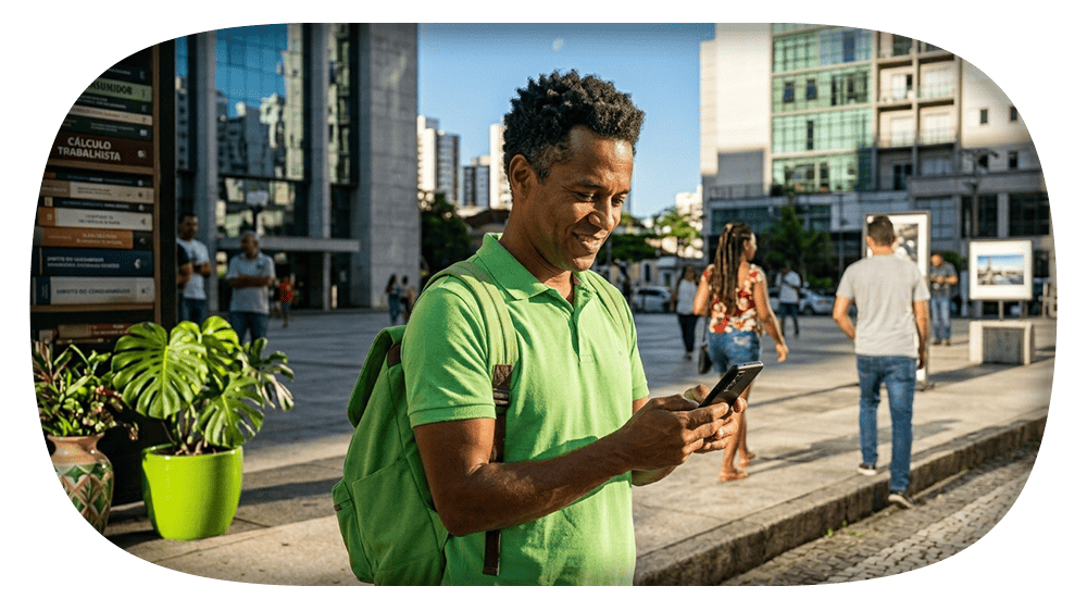 Homem com camisa verde usando smartphone em calçada de centro urbano, ao fundo pedestres e prédios altos sob luz do dia.