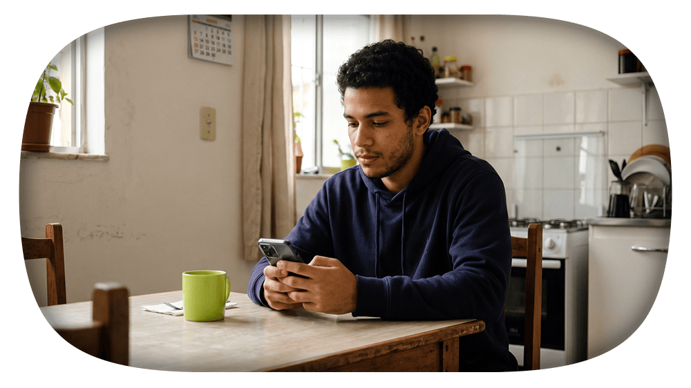 Homem jovem usando smartphone em uma cozinha iluminada, sentado em uma mesa com caneca verde ao lado, vestindo moletom azul e concentrado na tela.