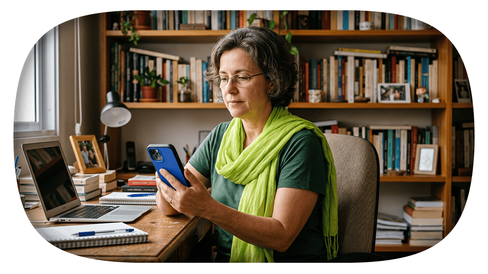 Mulher idosa usando celular enquanto trabalha em casa, com computador ligado e material de escritório sobre a mesa, ao fundo estante de livros e abajur em um ambiente acolhedor.