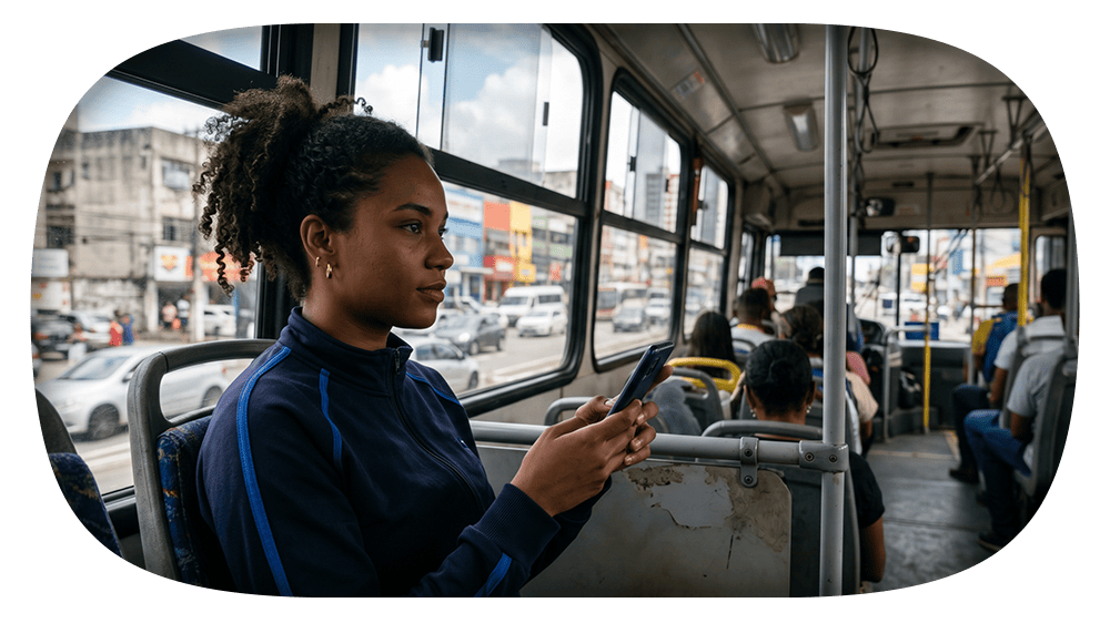 Mulher jovem com cabelo cacheado segura um cartão e observa pela janela de um ônibus urbano em movimento, enquanto passageiros seguem no interior.