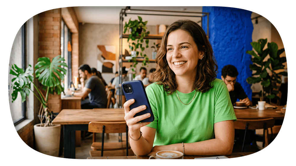 Mulher sorrindo em uma cafeteria moderna, usando o celular azul na mesa enquanto toma café, com plantas decorativas ao fundo e pessoas trabalhando no espaço.