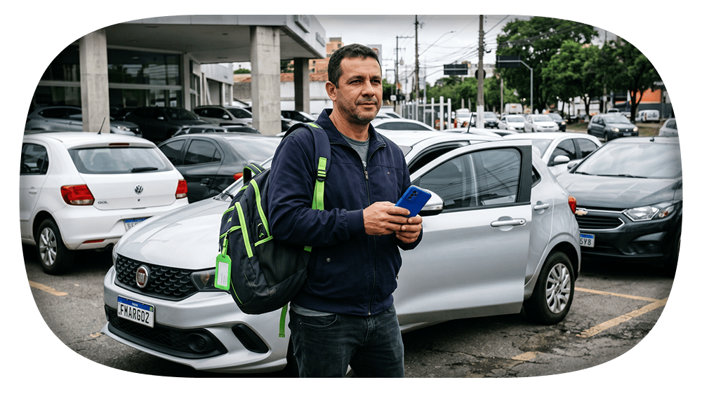 Homem uniformizado segurando um cartão e uma sacola, em estacionamento com carros ao fundo. Veículos estacionados em rua urbana e fachada de prédio ao lado.