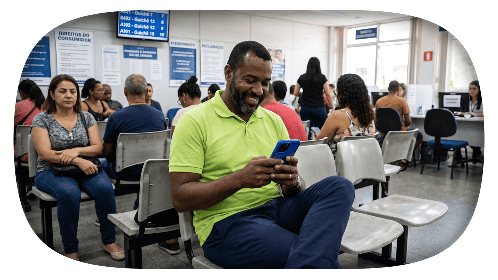 Homem em uma sala de atendimento, sentado em cadeiras de espera, usando um celular enquanto outras pessoas aguardam ao fundo. Cartazes de informações ao lado.
