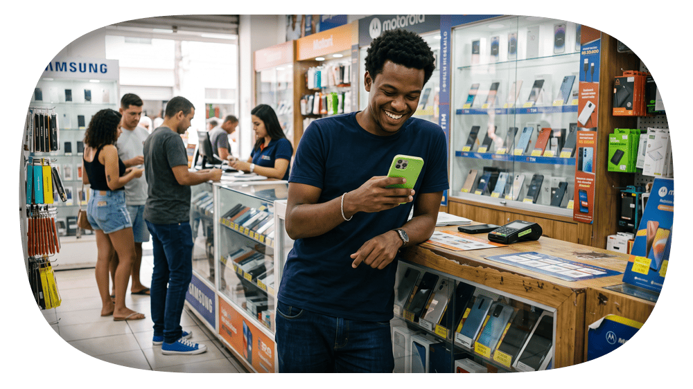 Homem em uma loja de eletrônicos usando smartphone enquanto olha para produtos e embalagens de acessórios em prateleiras e balcão com displays