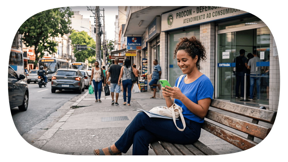 Mulher jovem sentada em um banco na calçada, lendo um livro e segurando o celular em uma rua movimentada com lojas, placas e pedestres ao fundo.