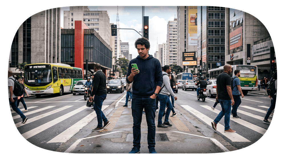 Movimentada avenida em área urbana com ônibus e motocicletas ao fundo, enquanto pedestres atravessam a faixa de pedestres e um homem olha o celular em primeiro plano.