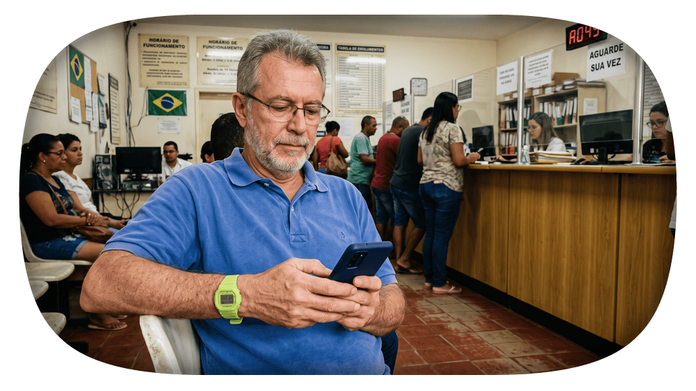 Homem de meia idade em ambiente de atendimento ao público, segurando um celular e usando relógio inteligente, enquanto outras pessoas trabalham em balcão ao fundo.