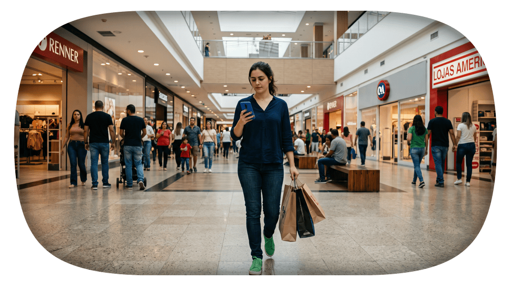 Pessoa caminhando em shopping center movimentado, com sacolas de compras na mão, usando roupa casual azul e verde, enquanto outras pessoas circulam pelos corredores.